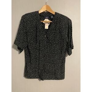 Vintage OBR Womens Top Medium Black Polka Dot Button Up Deadstock Secretary 90s
